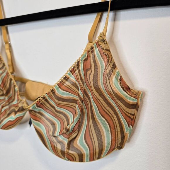 Out From Under Balconette Bra Women's 32D Brown Swirl Print Mesh Underwire - Picture 2 of 5